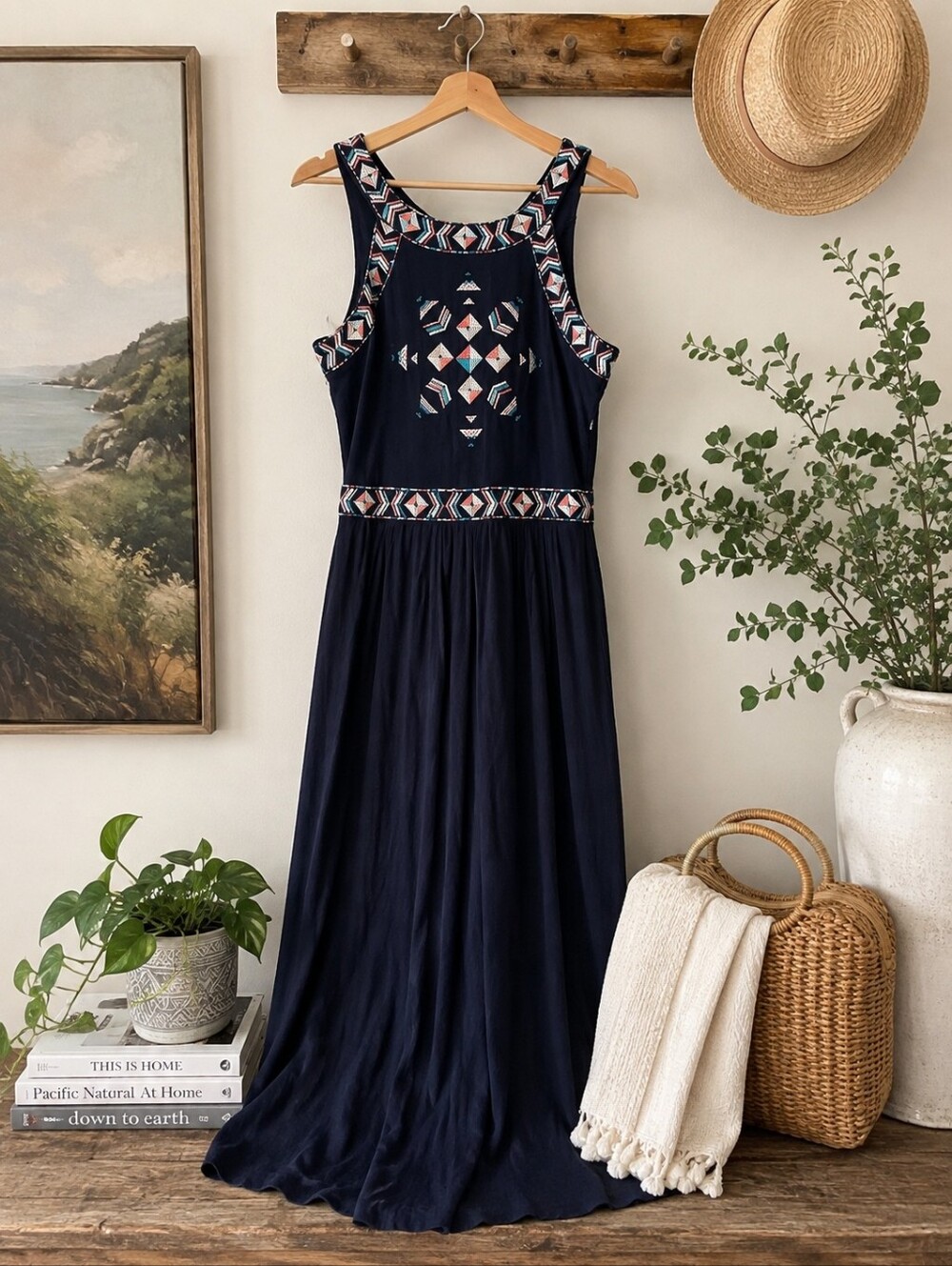Cupcakes & Cashmere Navy Boho Maxi Dress Geometric Embroidered Trim Size 6